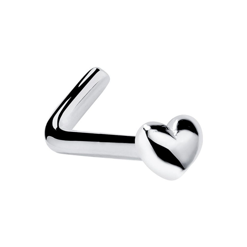 14k white gold puffy heart nose ring L-shape style, showing bright silver-tone heart and angled post