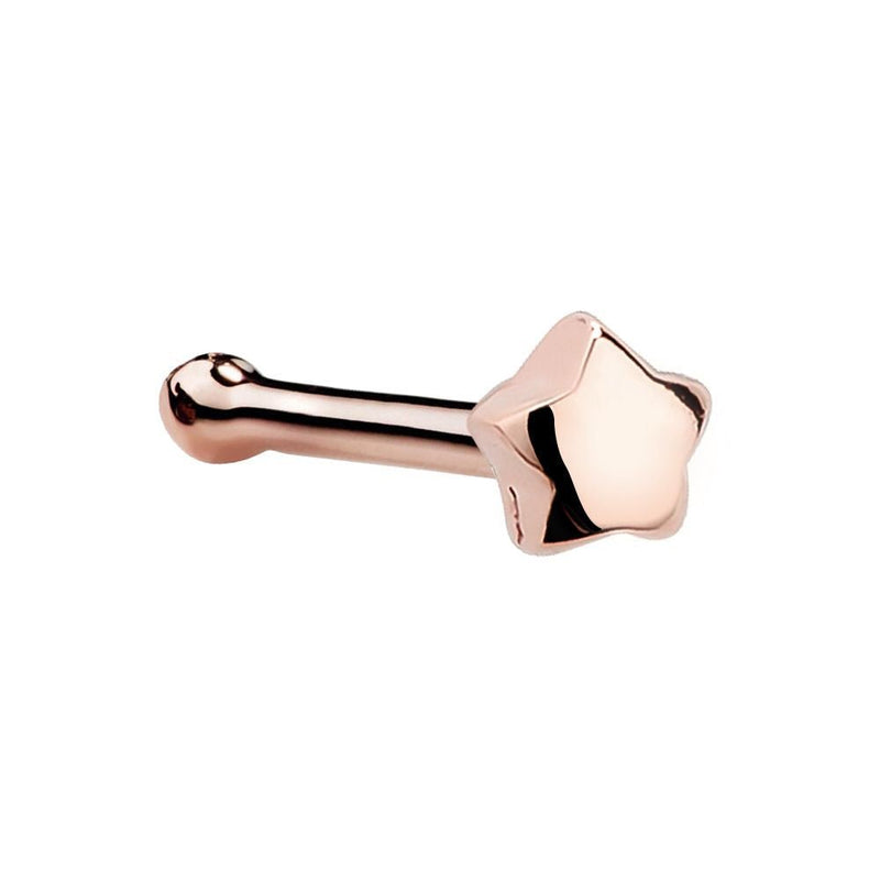 14K rose gold puffy star nose bone stud showing polished star end and ball-tipped straight post
