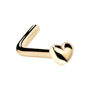 14k yellow gold puffy heart nose ring L-shape style, angled view showing right-angle post bend