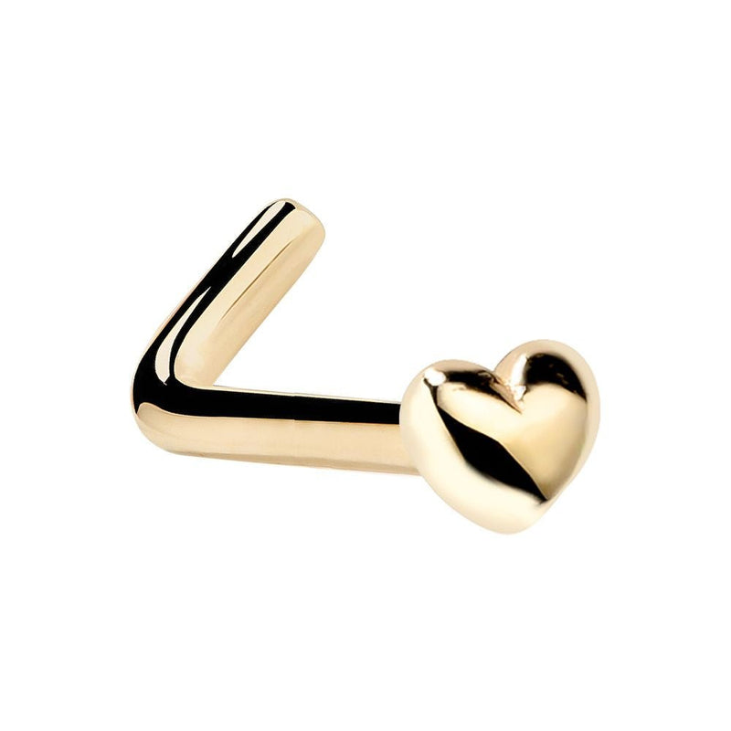 14k yellow gold puffy heart nose ring L-shape style, angled view showing right-angle post bend
