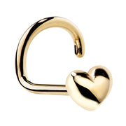 14k yellow gold puffy heart nose ring twist style, angled view showing polished 3D heart charm