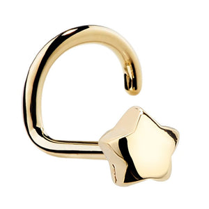 14K yellow gold puffy star nose ring twist style, angled view showing 3mm star end and coiled post