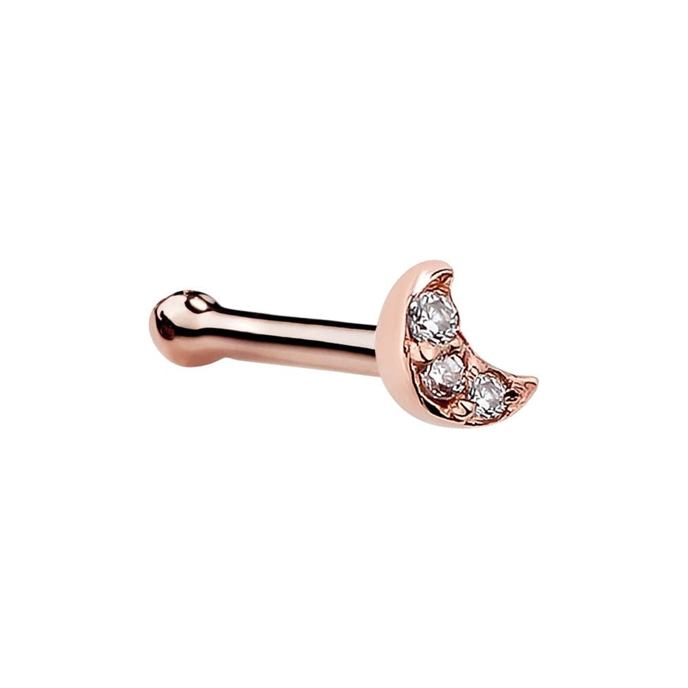 Tiny Diamond Pave Crescent Moon 14K Gold Nose Ring-14K Rose Gold   Bone