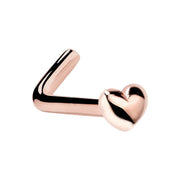 14k rose gold puffy heart nose ring L-shape style, angled view of warm blush-toned heart and post