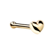 14k yellow gold puffy heart nose bone style, side view showing straight post with ball end