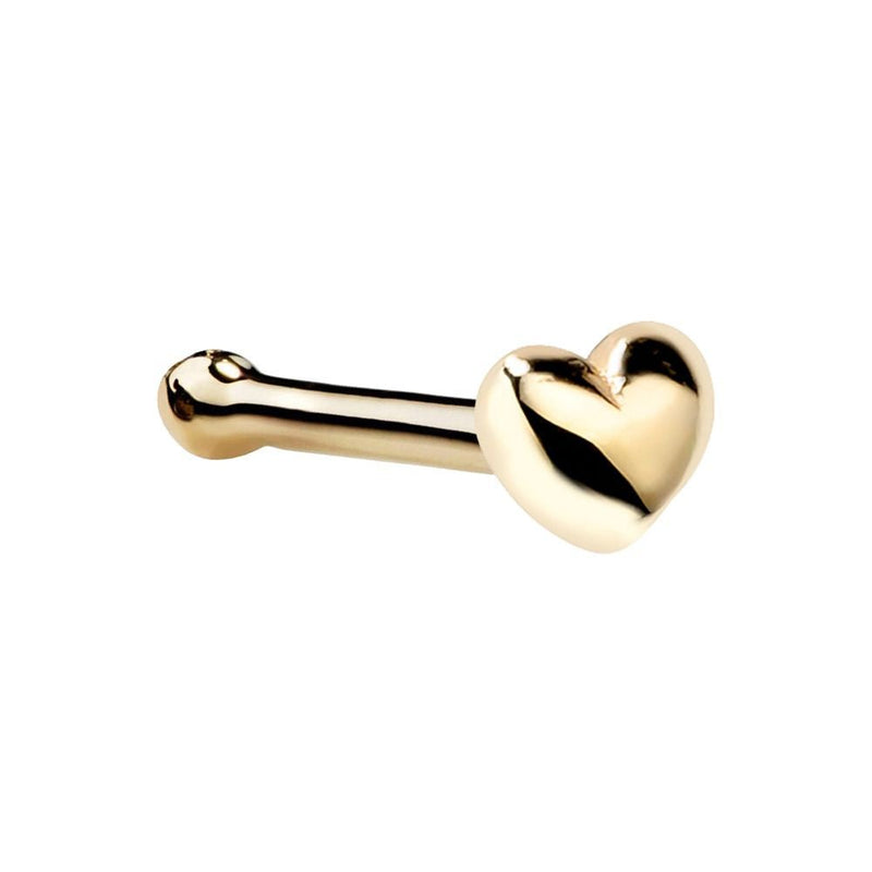 14k yellow gold puffy heart nose bone style, side view showing straight post with ball end