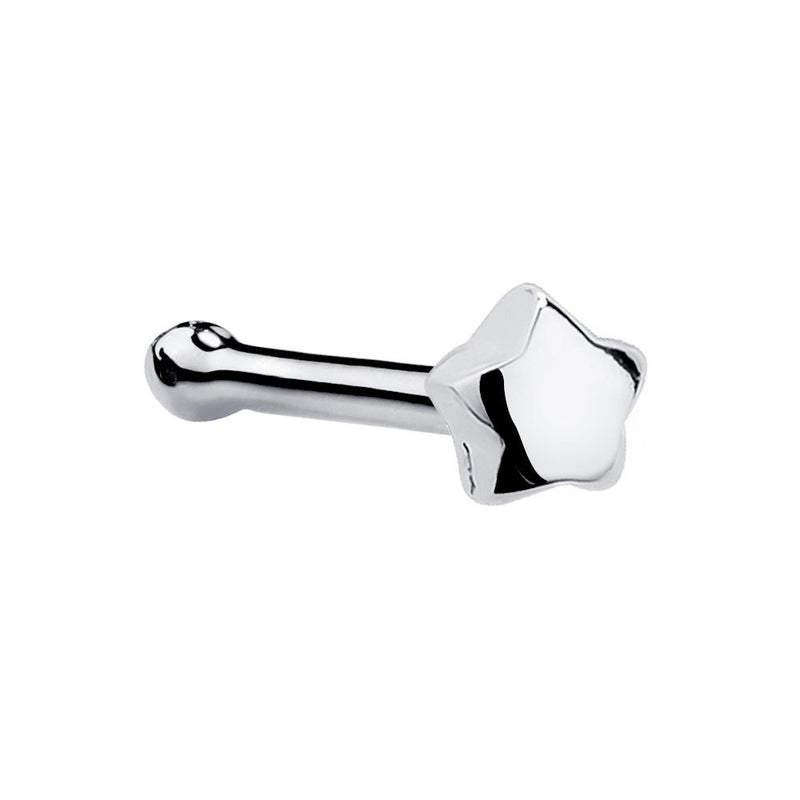 14K white gold puffy star nose bone stud with straight post and ball tip, front-angled view