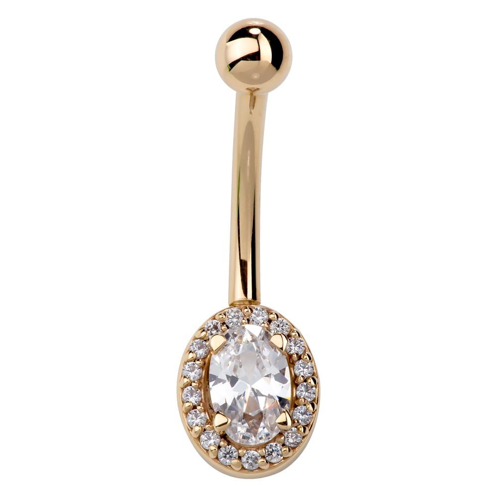 Oval Halo Cubic Zirconia 14K Gold Belly Ring-14K Yellow Gold