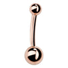 14k rose gold double ball navel ring with polished 4mm top and 6mm bottom ball, white background