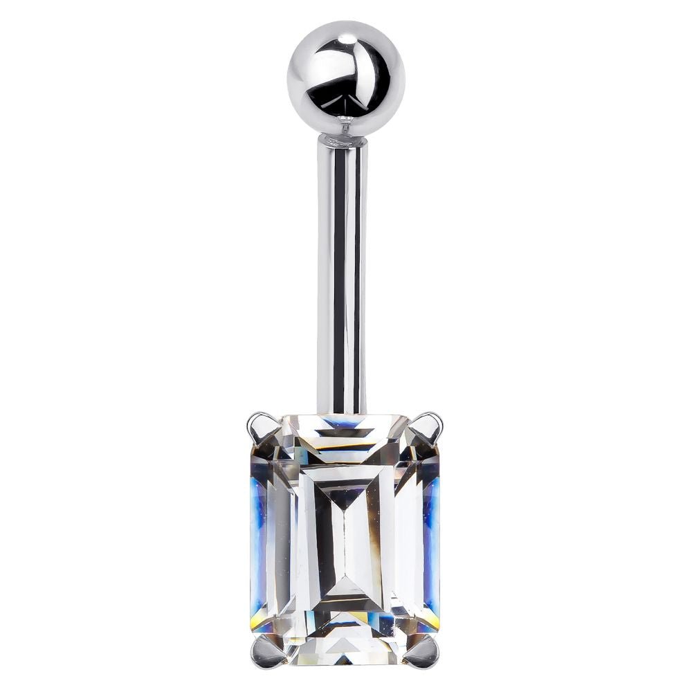 Emerald Cut Cubic Zirconia 14k Gold Belly Button Ring-14k White Gold   7 16