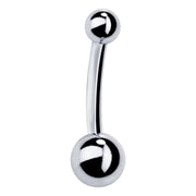 14k white gold double ball belly button ring with high-polish finish, front view on white background
