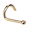 14K yellow gold tiny ball nose ring twist, front view showing screw shape and small ball end