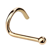 14K yellow gold tiny ball nose ring twist, front view showing screw shape and small ball end