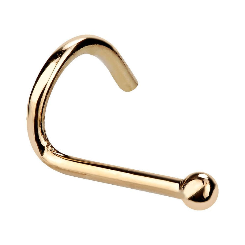 14K yellow gold tiny ball nose ring twist, front view showing screw shape and small ball end