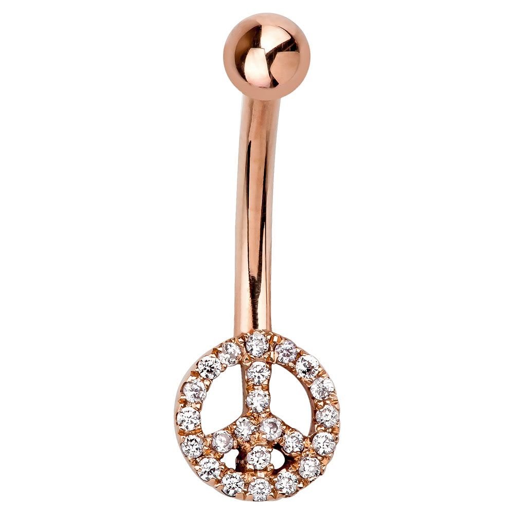 Peace Sign Pave 14K Gold Belly Button Navel Ring-14K Rose Gold   7 16