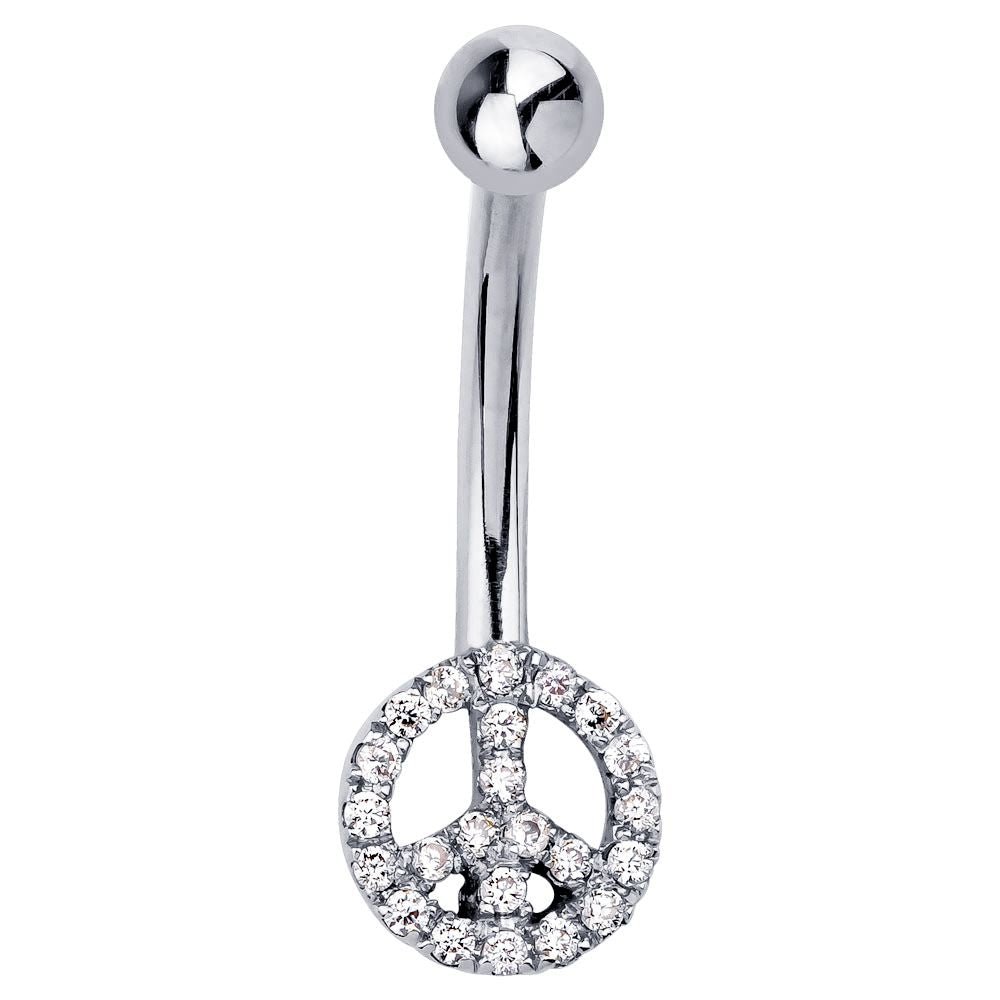 Peace Sign Pave 14K Gold Belly Button Navel Ring-14K White Gold   7 16
