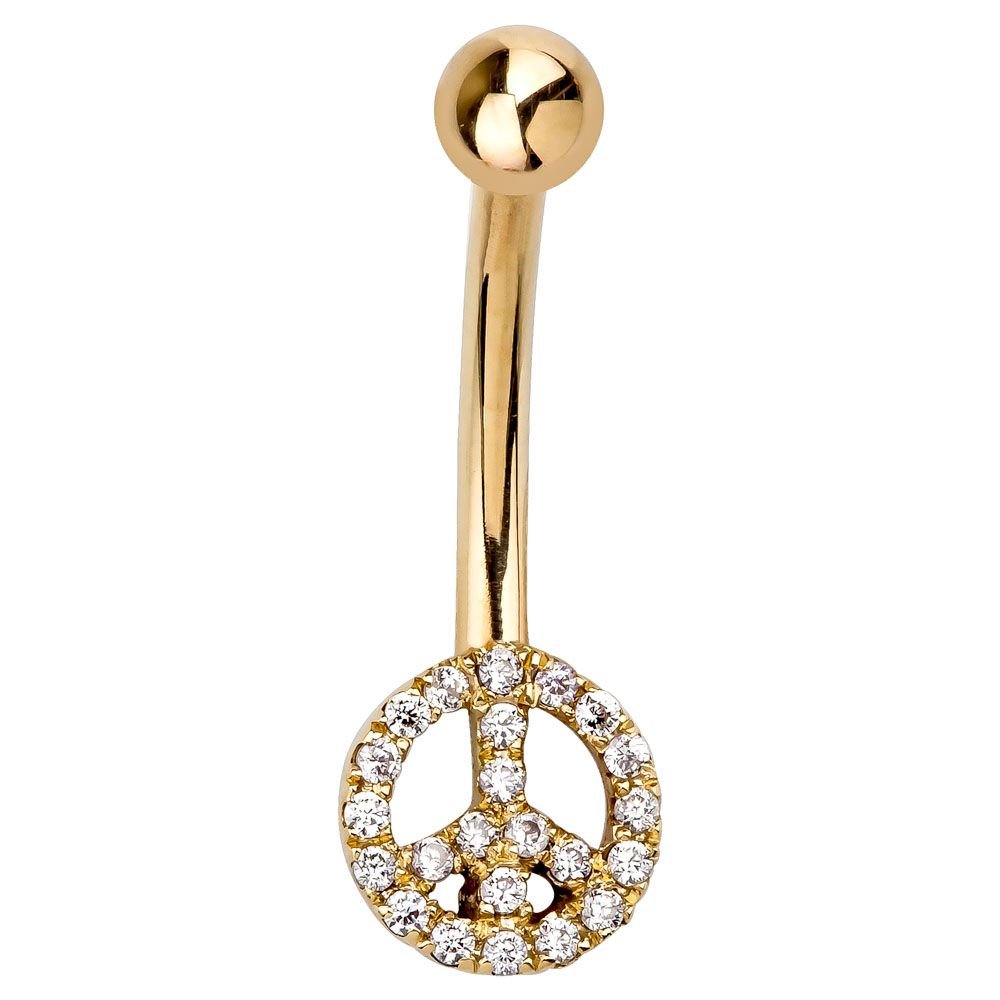 Peace Sign Pave 14K Gold Belly Button Navel Ring-14K Yellow Gold   7 16