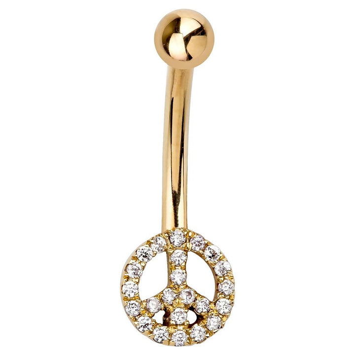 Peace Sign Pave 14K Gold Belly Button Navel Ring-14K Yellow Gold   7 16"