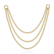 14k yellow gold three-link piercing chain connector, 65mm, wider triple drape showing increased span between clasps