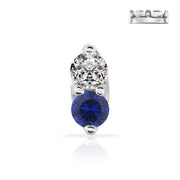 14K white gold nose ring with stacked diamond and blue sapphire in prong settings, front and side view
