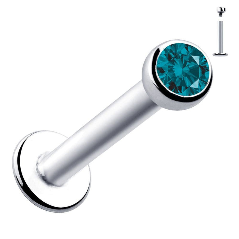 14k white gold flat back labret with 2mm teal blue diamond bezel setting, front view with size inset