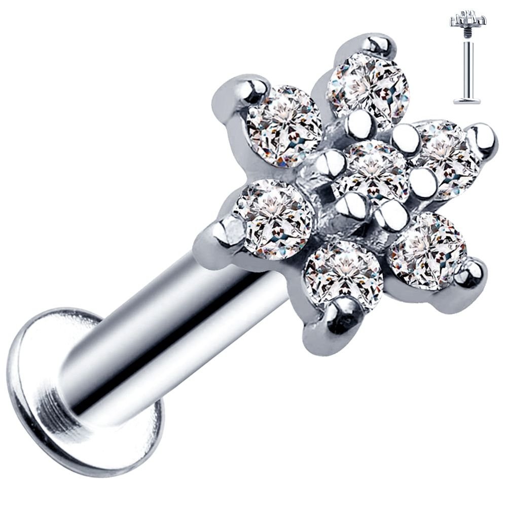 Diamond Flower 14K Gold Labret Tragus Cartilage Nose-14K White Gold   18G   3 8