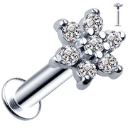 14k white gold diamond flower flat back labret angled view with small inset image showing threaded post detail