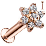 14k rose gold diamond flower flat back labret angled view with inset showing internally threaded end detail