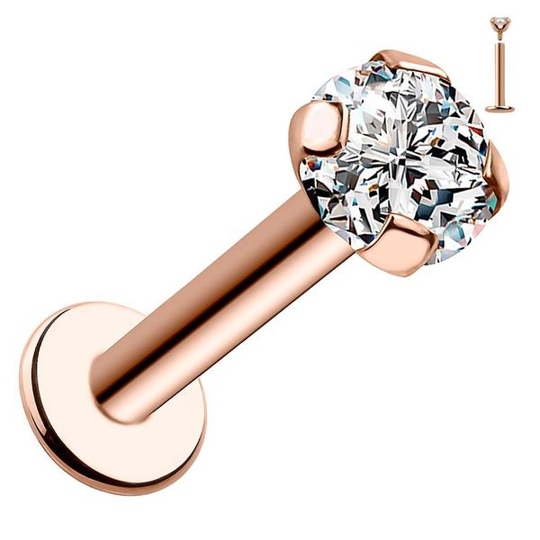 14k rose gold 3mm CZ flat back labret stud with martini prong setting, front angled view
