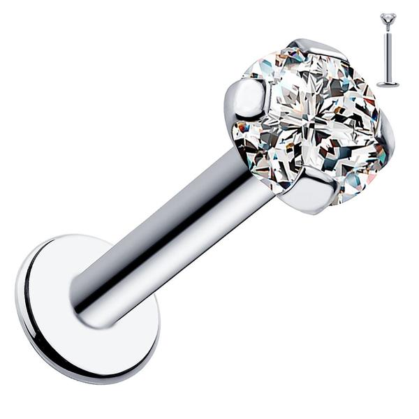 14k white gold 3mm CZ flat back labret stud with 4-prong martini setting, front angled view