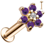 14k yellow gold purple CZ flower flat back labret with clear center stone and threaded end inset, angled view