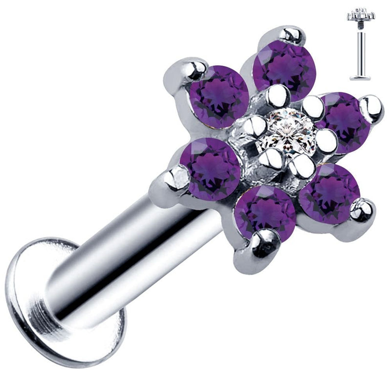 14k white gold purple CZ flower flat back labret with clear center CZ and threaded end inset, angled view