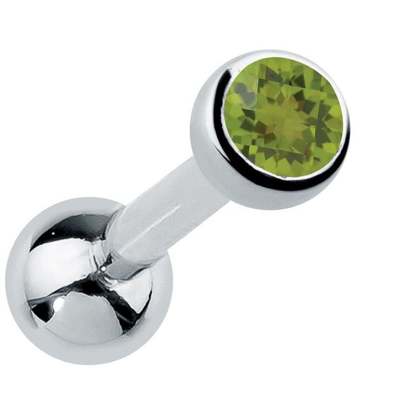 14k white gold bezel-set peridot cartilage earring with olive-green genuine gemstone, angled view