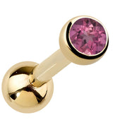 14k yellow gold bezel-set tourmaline cartilage earring with pink genuine gemstone, angled view