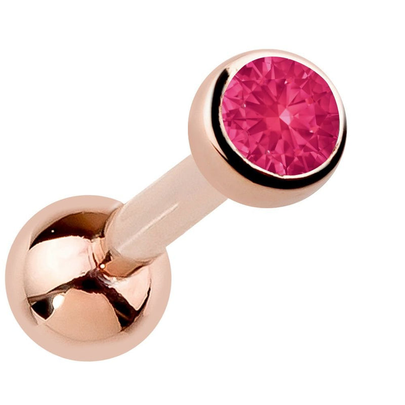 14k rose gold bezel-set ruby cartilage stud with vivid pink-red genuine gemstone, angled view