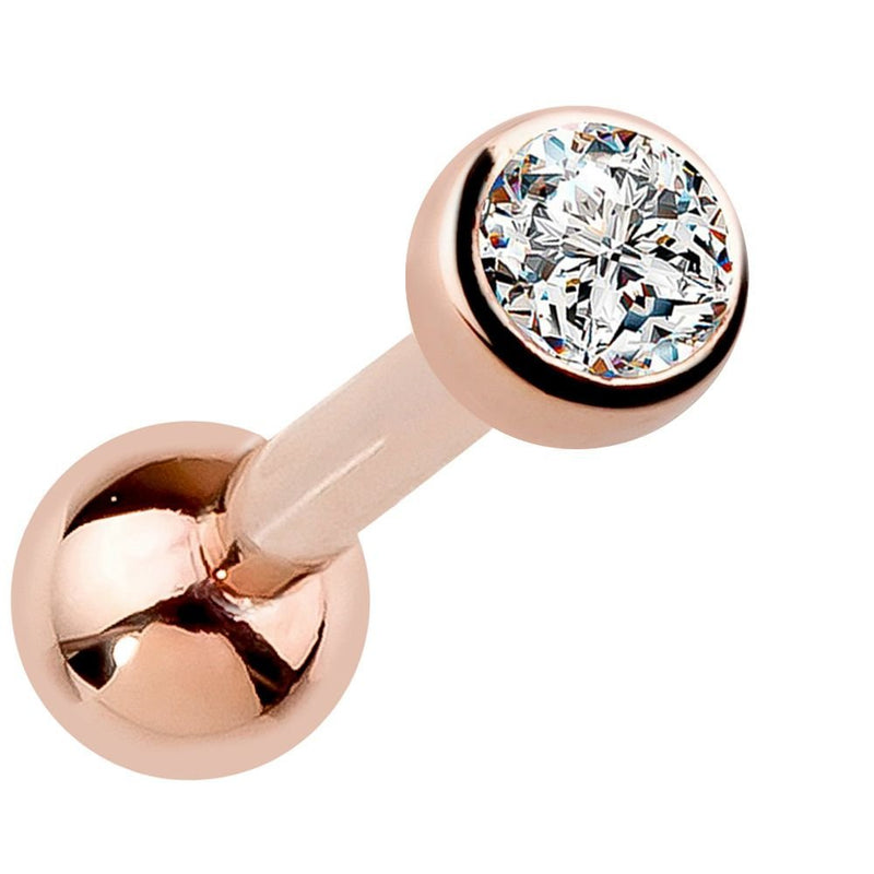 14k rose gold bezel-set cubic zirconia cartilage stud, angled view with sparkling clear stone
