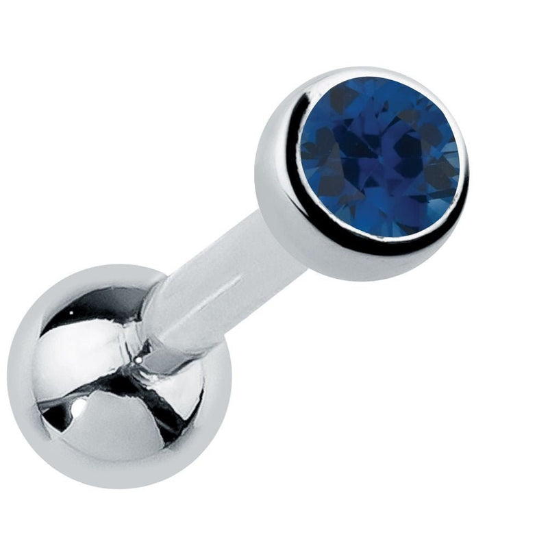 14k white gold bezel-set sapphire cartilage stud with deep navy blue genuine gemstone, angled view