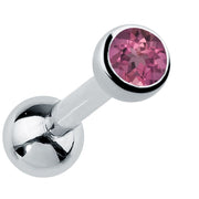 14k white gold bezel-set tourmaline cartilage stud with soft pink genuine gemstone, angled view