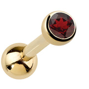 14k yellow gold bezel-set garnet cartilage stud with deep red genuine gemstone, angled view
