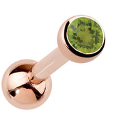 14k rose gold bezel-set peridot cartilage stud with lime-green genuine gemstone, angled view