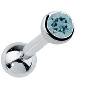 14k white gold bezel-set aquamarine cartilage stud with pale sky-blue genuine gemstone, angled view