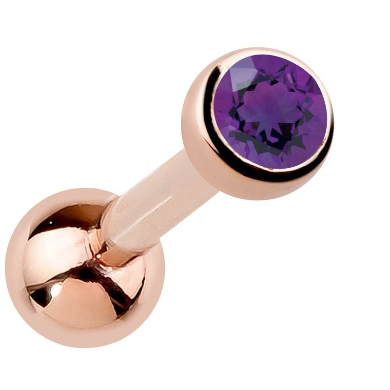14k rose gold bezel-set amethyst cartilage stud with deep purple genuine gemstone, angled view