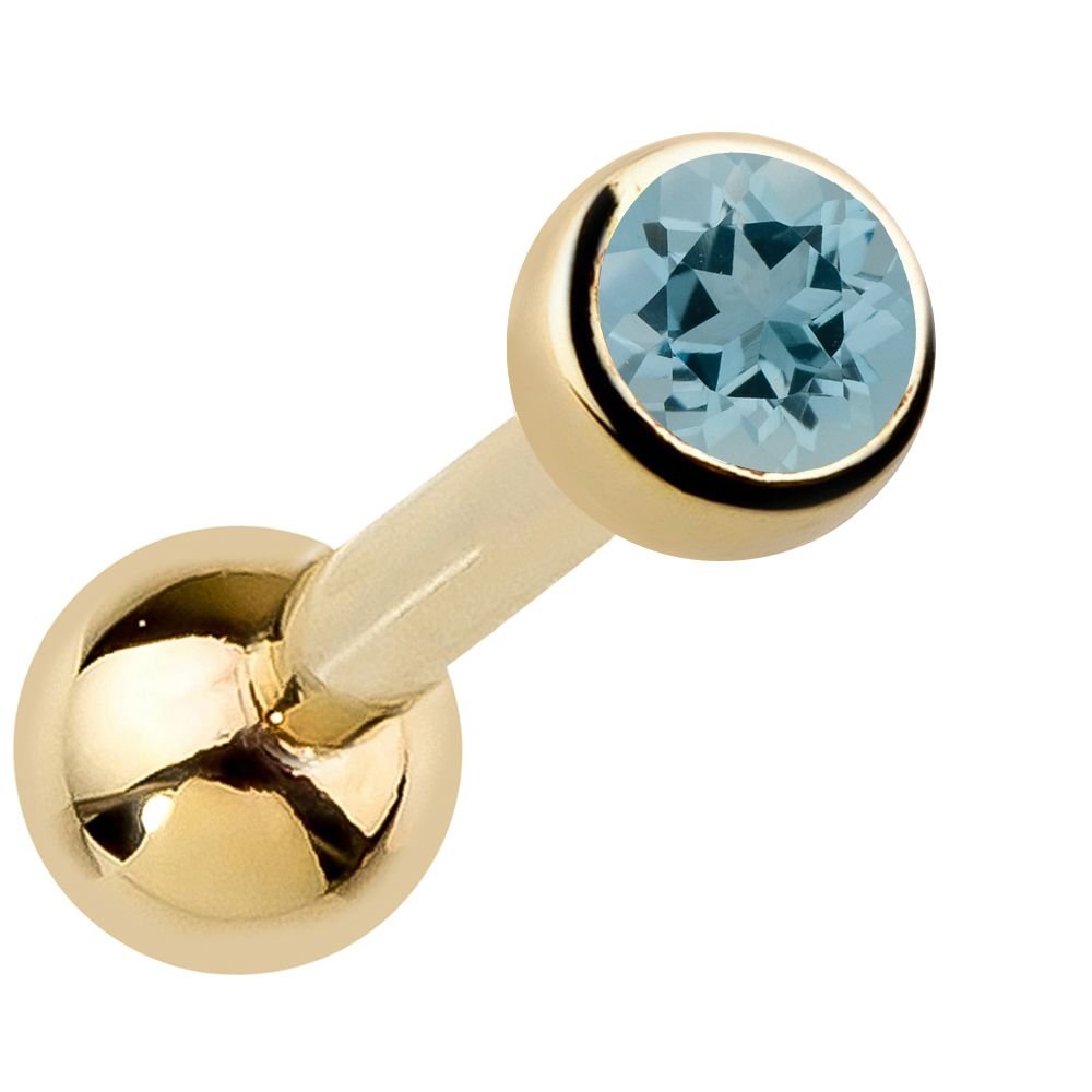 2.5mm Genuine Gemstone Bezel-Set 14k Gold Cartilage Earring-Yellow   Aquamarine