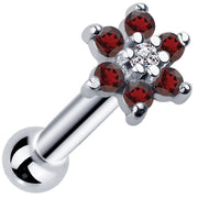 14k white gold flower cluster cartilage stud with red CZ petals and clear center gem, angled view