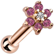 14k rose gold flower cluster cartilage stud with pink CZ petals and clear center stone, angled view