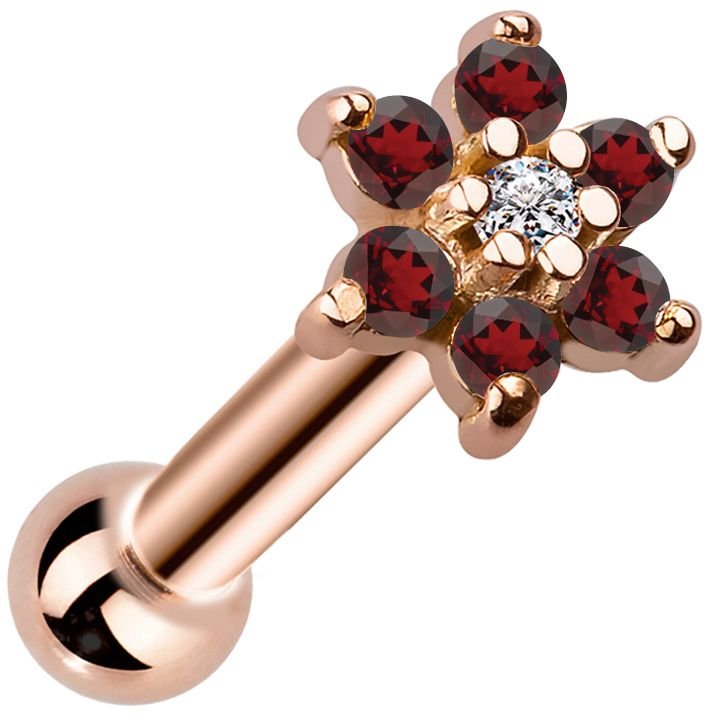 14k rose gold flower cluster cartilage stud with deep red CZ petals and clear center gem, angled view