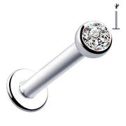14k white gold flat back labret with 2mm CZ bezel setting, front view with post inset shown