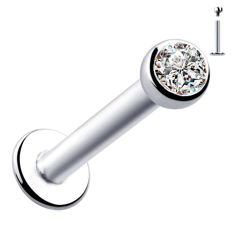 14k white gold flat back labret with 2mm CZ bezel setting, front view with post inset shown