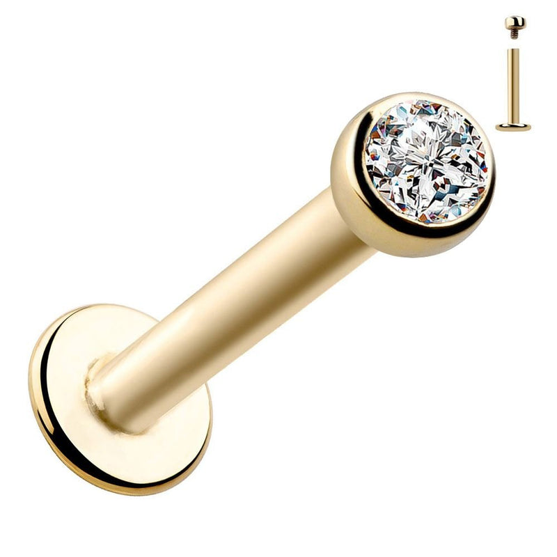 14k yellow gold flat back labret with 2mm CZ bezel setting, front view with post inset shown