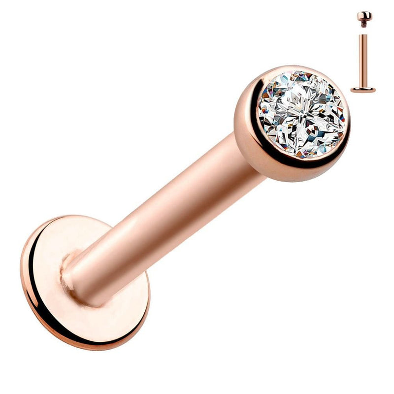 14k rose gold flat back labret with 2mm CZ bezel setting, front view with post inset shown
